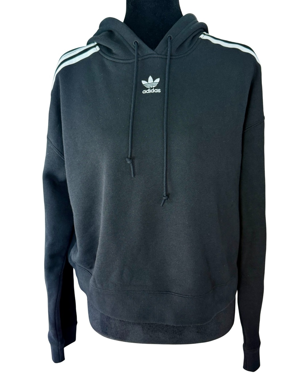 Adidas Unisex Black Hoodie with White Shoulder Stripes and Adidas Logo. Size S.